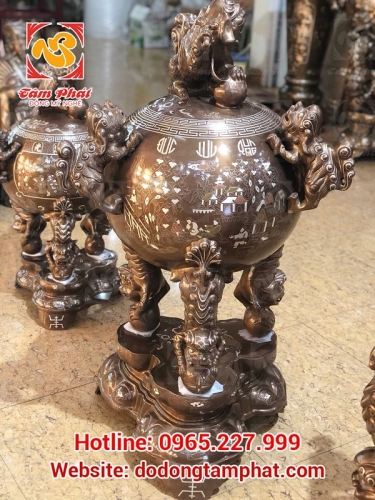 Đỉnh thất lân vờn cầu khảm tam khí “ Phúc Lộc Thọ Khang Ninh” cao 90cm cực tinh xảo