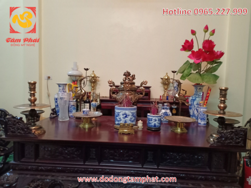 Bộ đồ thờ ngũ sự bằng đồng đỏ 5 chữ nổi Phúc Lộc Thọ Khang Ninh