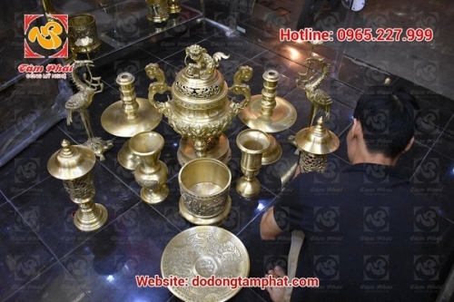 Bộ ngũ sự đồng vàng màu mộc, đỉnh Phúc Lộc Thọ cao 60cm