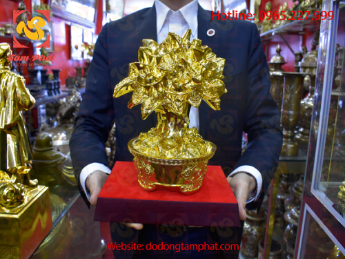 Cây tiền chiêu lộc bằng đồng thếp vàng 9999 cao 35cm