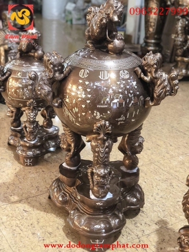 Đỉnh đồng thất lân vờn cầu cao 60cm khảm tam khí sinh động