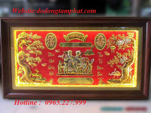 Tranh đồng mừng thọ cụ ông, cụ bà nền sơn đỏ khung gỗ