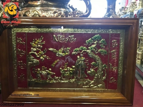 Tranh đồng mừng thọ cụ ông đẹp, họa tiết Tùng Hạc