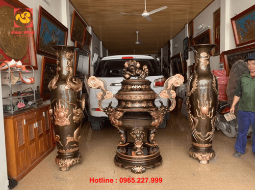 Đôi lọ lục bình rồng phượng cạo màu 1m76- Đỉnh đồng hoá sớ cao 1m55