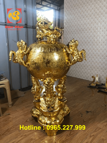 Đỉnh thất lân vờn cầu bằng đồng cao 90cm mạ vàng 24k