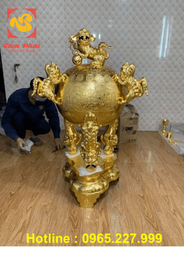 Đỉnh thất lân vờn cầu cao 1m1 dát vàng 9999 đẹp tinh xảo